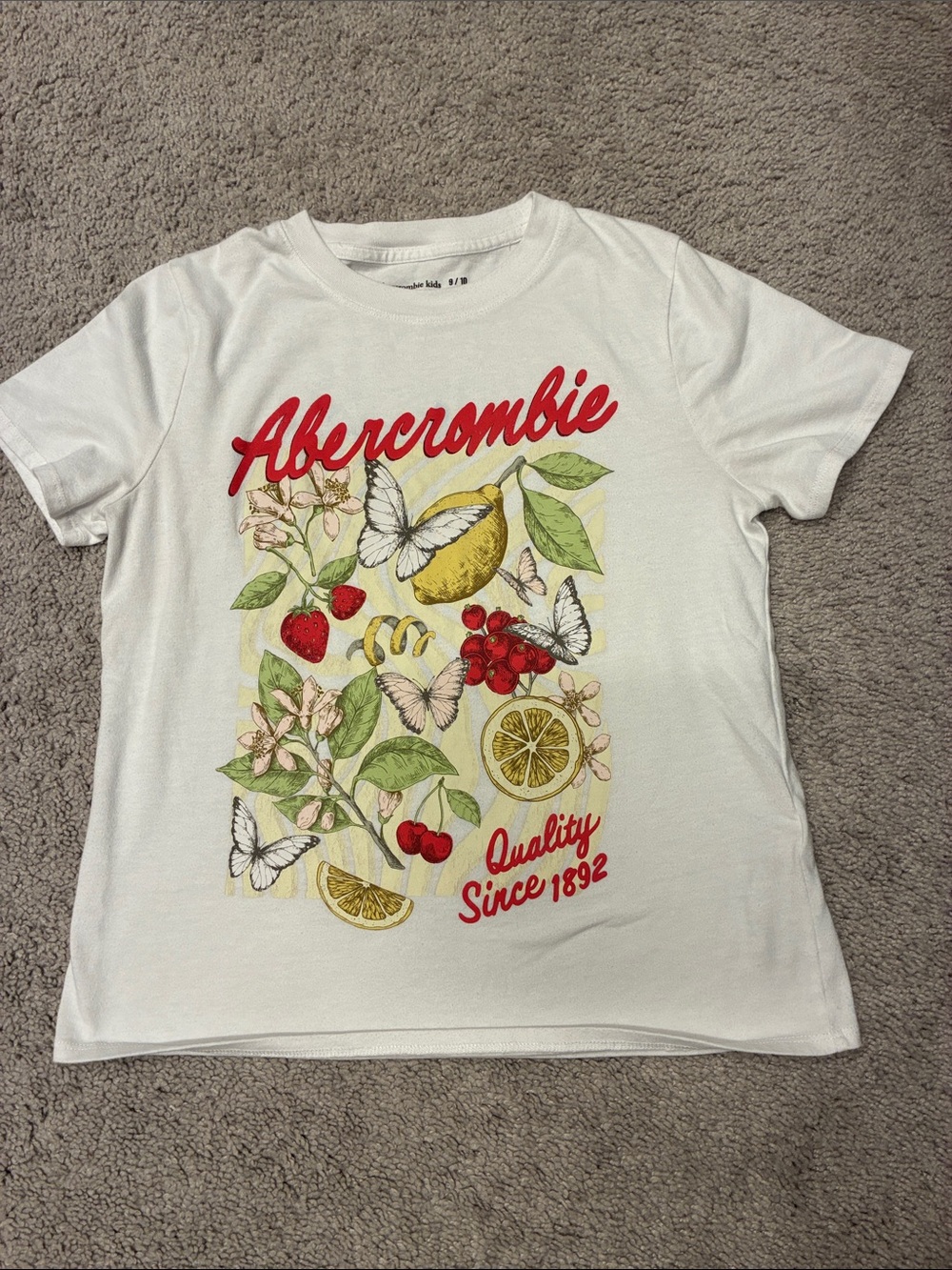 abercrombie kids White Short Sleeve Tee with Fruit, Butterfly & Script 9/10